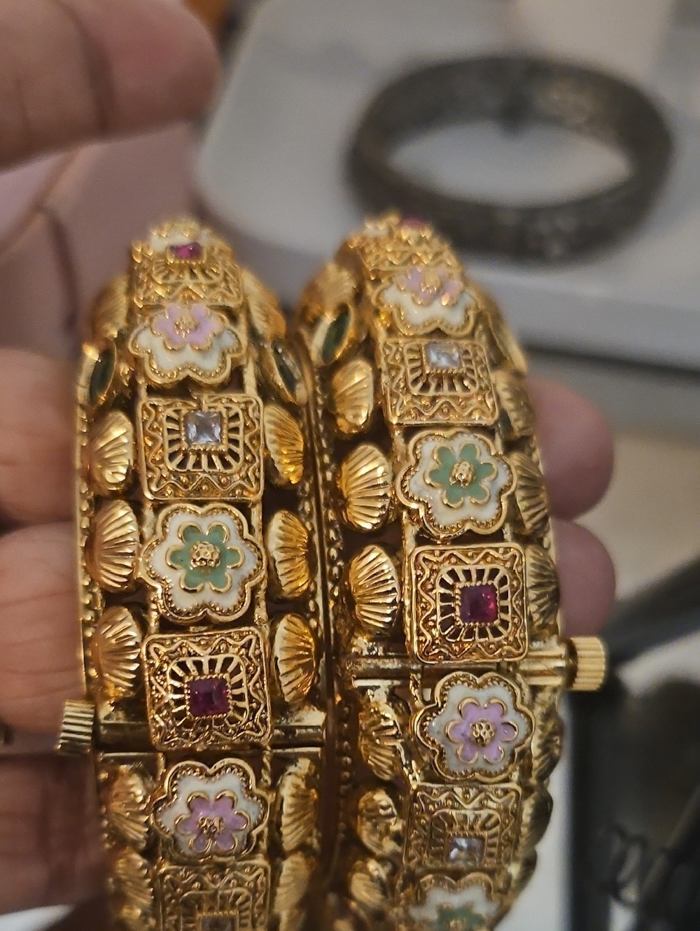 Gold Floral Enamel Hinged Bangle Pair Or Single- Multicolor Accents